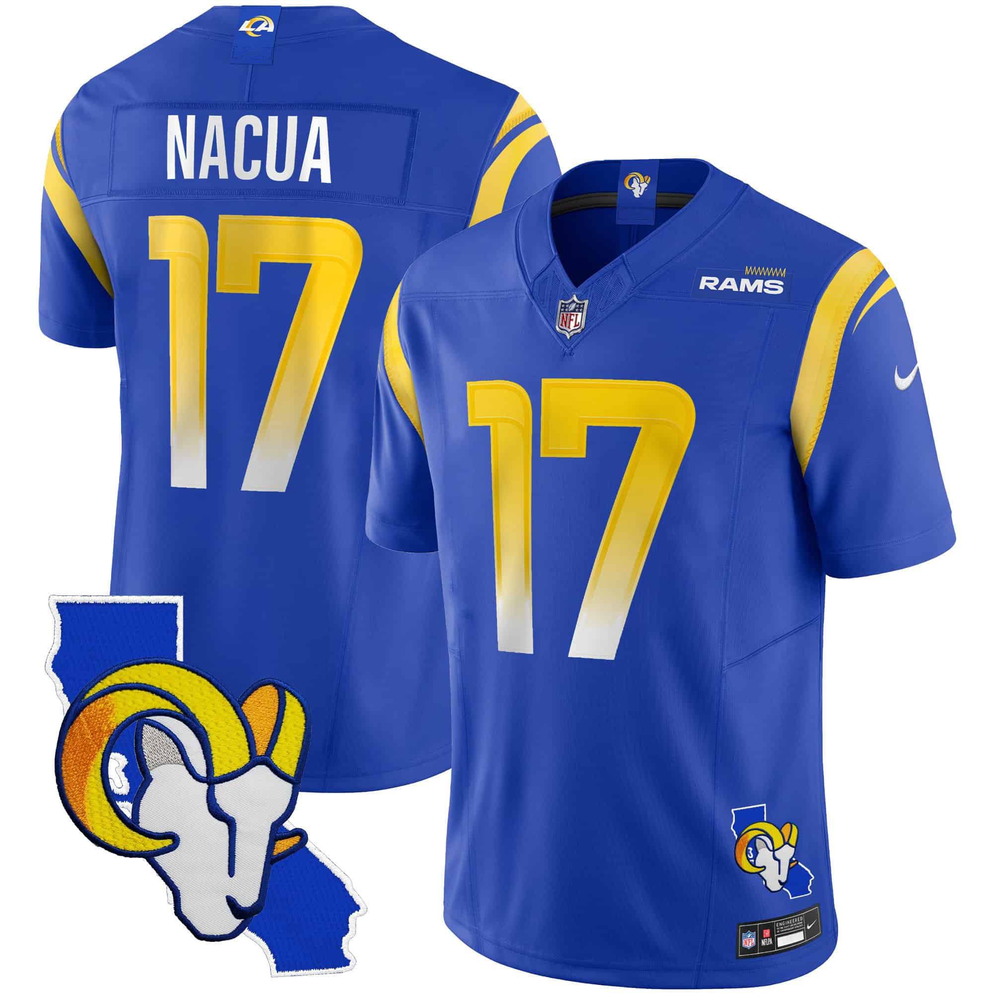 Men Los Angeles Rams #17 Nacua Blue 2024 Nike California Patch Vapor Limited NFL Jersey style 1